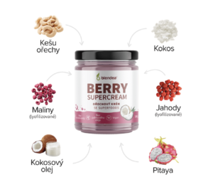 Recenze složení  Blendea Berry Supercream - kešu ořechy, kokos, kokosový olej, pitaya nebo dračí ovoce, maliny a jahody
